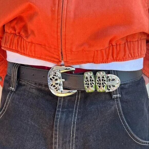 vintage chrome buckle black american western design belt - Picture 2 of 6